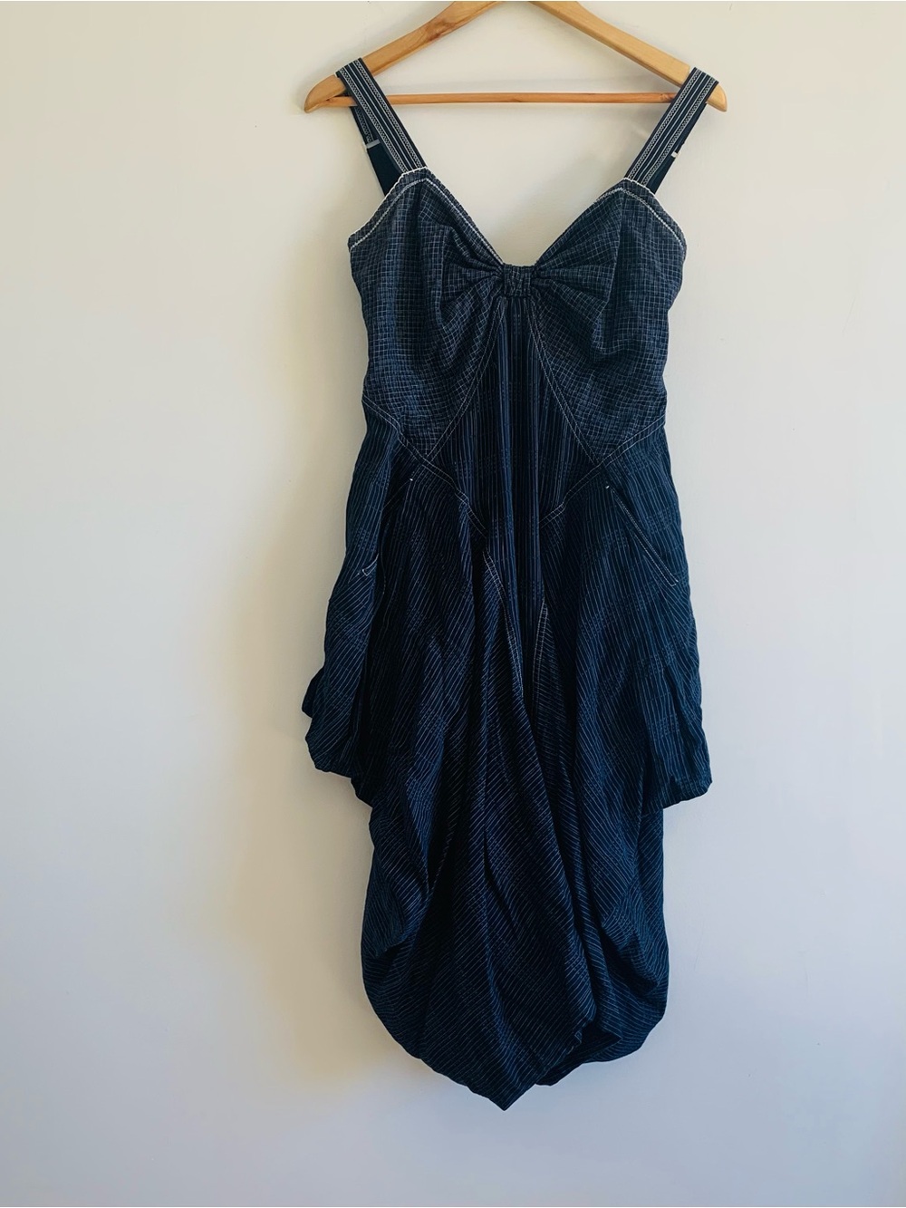 HIGH Everyday Couture Sleeveless Asymmetrical Navy & White Pinstriped Dress